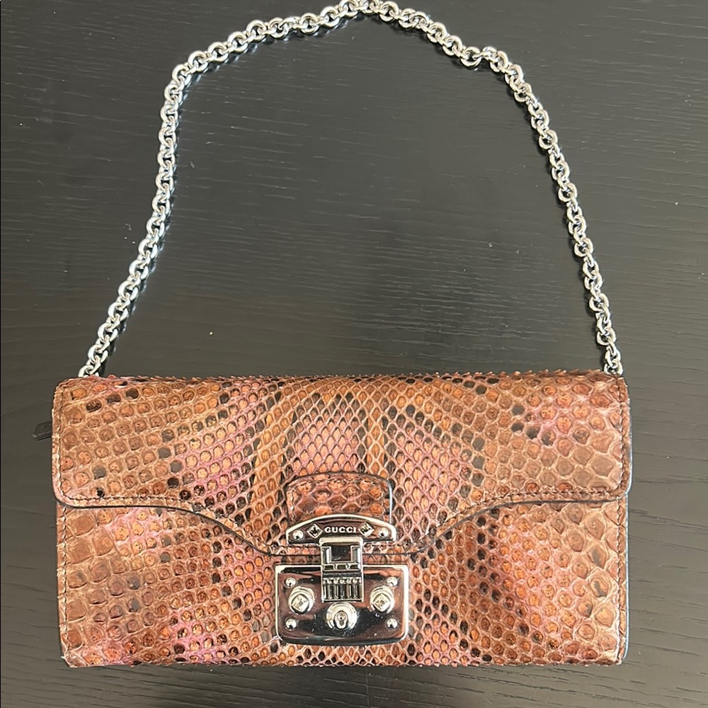 Gucci Brown Python Leather Wallet with silver chain